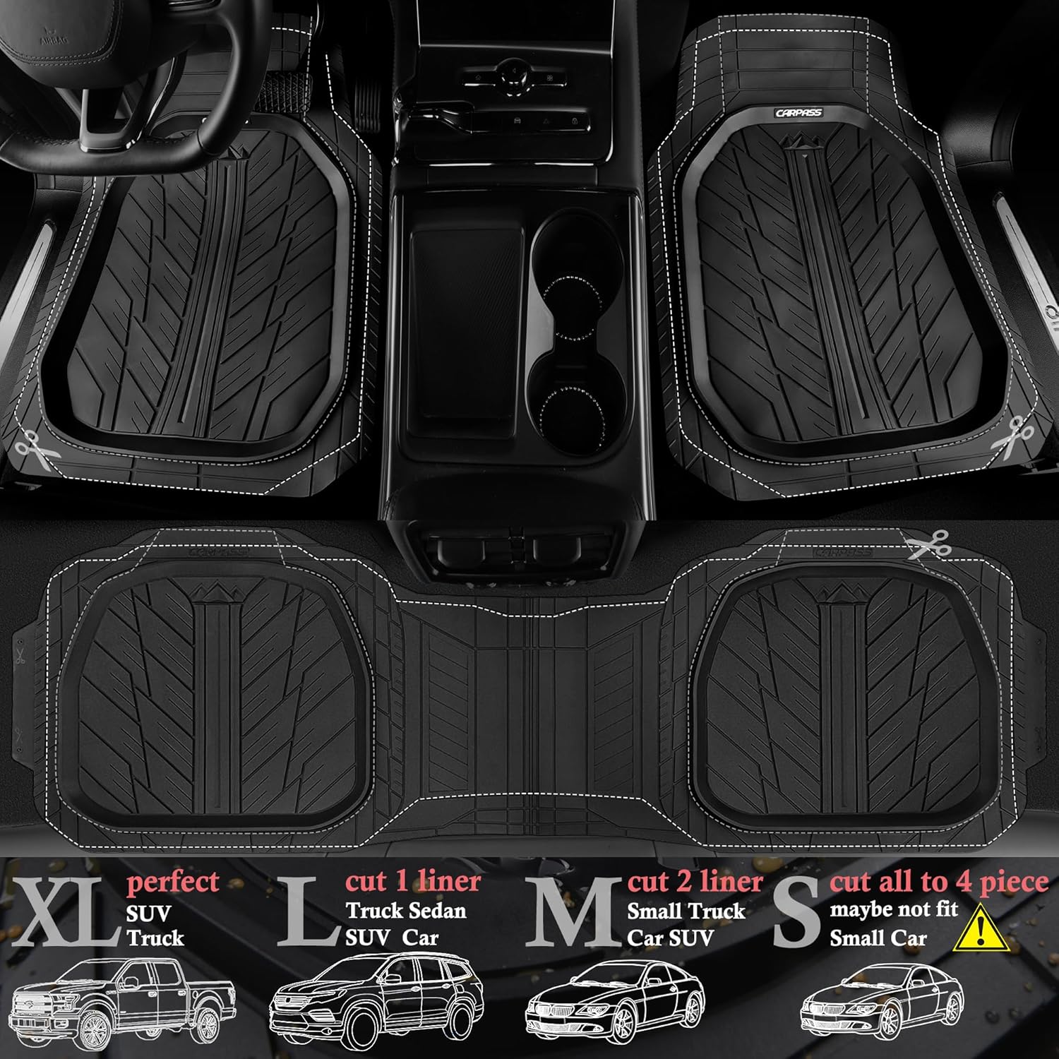 CAR PASS Leather Rubber Steering Wheel Cover 14 1/2” -15”,Tire Tread Pattern Design,Non-Slip Wear-Resistant, Heavy Duty Deep-Dish Car Floor Mats, Trim-to-Fit Car Mat,Fit for Steering Wheel Black