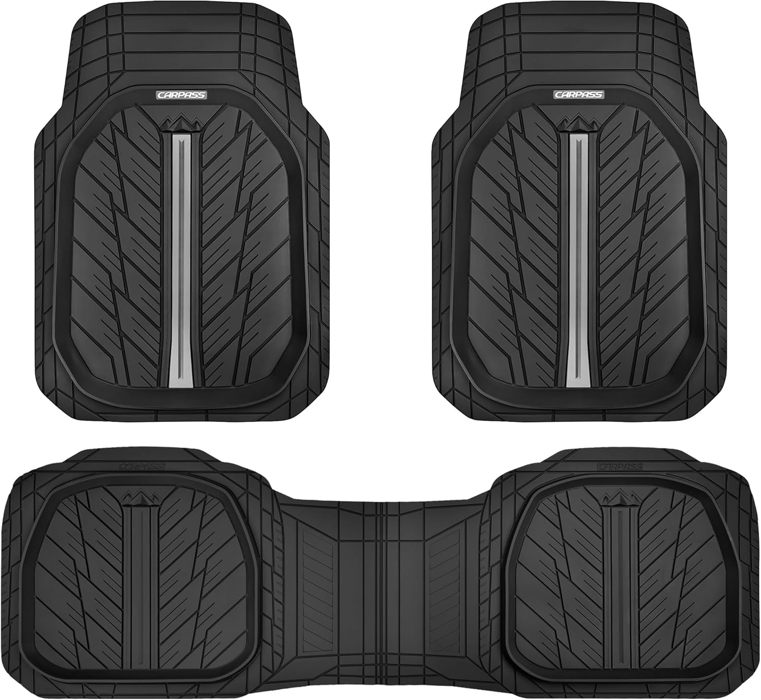 CAR PASS Tire Tread DeepDish Rubber Floor Mats for car Heavy Duty car mats All Weather, Universal XL~M Trim to Fit for Truck SUV Vehicle Automotive, Waterproof car mats 3 Piece(Gray Black)