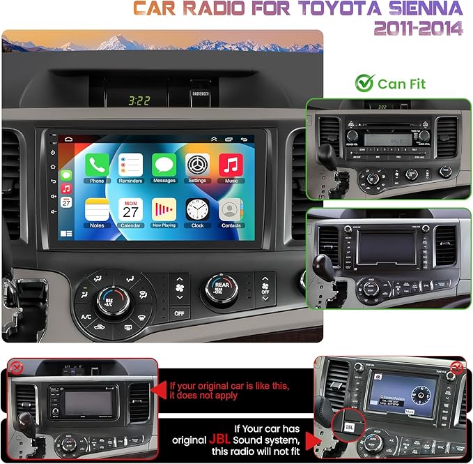 Car Radio Stereo for Toyota Sienna 2011-2014 Without JBL Sound System, Support Wireless Carplay/Android Auto/Mirrorlink, 9 Inch QLED Touchscreen with Bluetooth,FM Radio,DSP