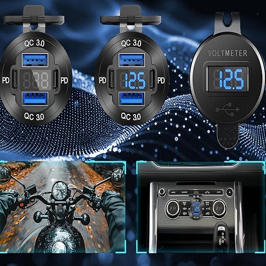 12 Volt USB Charger, 12v USB 4-Port Aluminum Alloy USB C Outlet with LED Voltmeter,Dual PD3.0 & QC3.0 for 12/24V Car Golf Cart Boat Marine Bus Truck RV Marine Motorcycle etc (Pack of one)