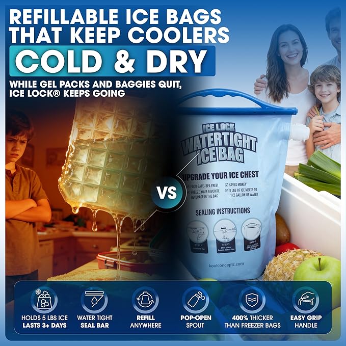 Large Leakproof Ice Bag. Reusable Ice Pack for Cooler - Long Lasting Instant Cooler Ice Packs - Drop in Cubed Ice to Make Cold, Dry Freezer Packs for Coolers - Drink Your Ice When It Melts