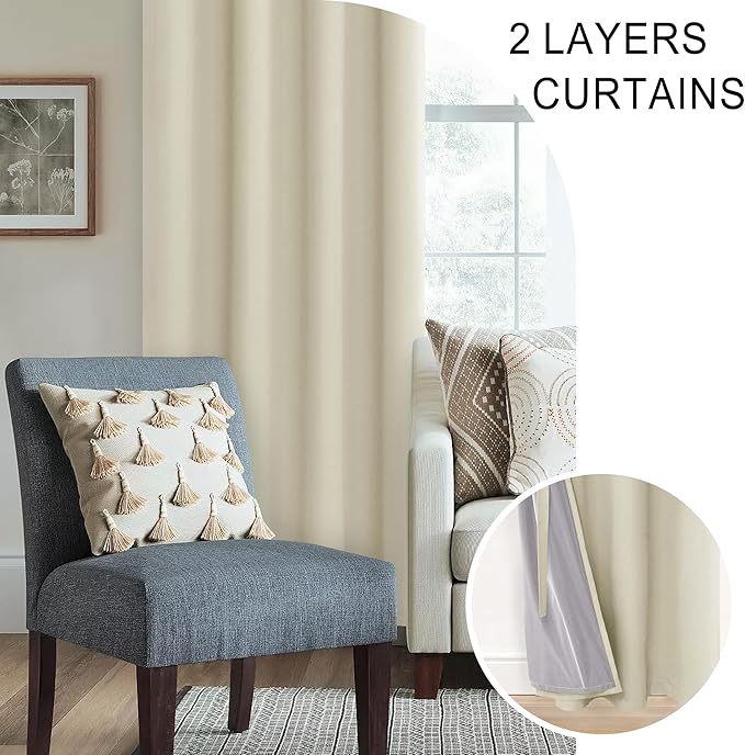 XWZO 100% Blackout Curtain Panels - Thermal Insulated Black Liner Curtains, Noise Reducing and Heat Blocking Drapes for Hall and Studio Windows with Tiebacks, Beige, W70 x L84, Set of 2