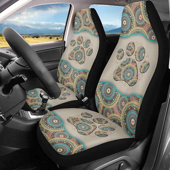 BIGCARJOB Aztec Tribal Paw Car Seat Covers Front Seat Protector 2 Packs Set of Vehicle Interior Seat Mat Cover Universal Fit Cars,Sedan,Truck,SUV
