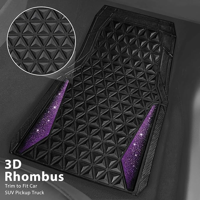 CAR PASS Bling Rubber Car Mats Diamond Floor Mats Full Set Anti-Slip 3D Rhombus Waterproof Universal Trim to Fit Liner Glitter Crystal Sparkly Shining Rhinestone Girl Women SUV Sedan Van, Black Purple