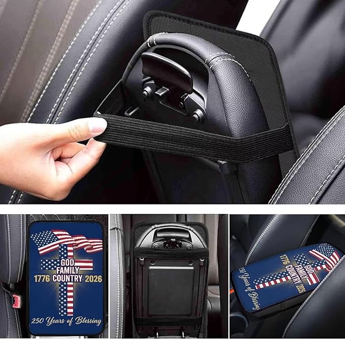 Dreaweet 250th Anniversary Center Console Cover God Family Country Cross Flag Print Car Arm Rest Cover Universal Fit Scratch & Wear Resistant Armrest Cover for Car Truck SUV