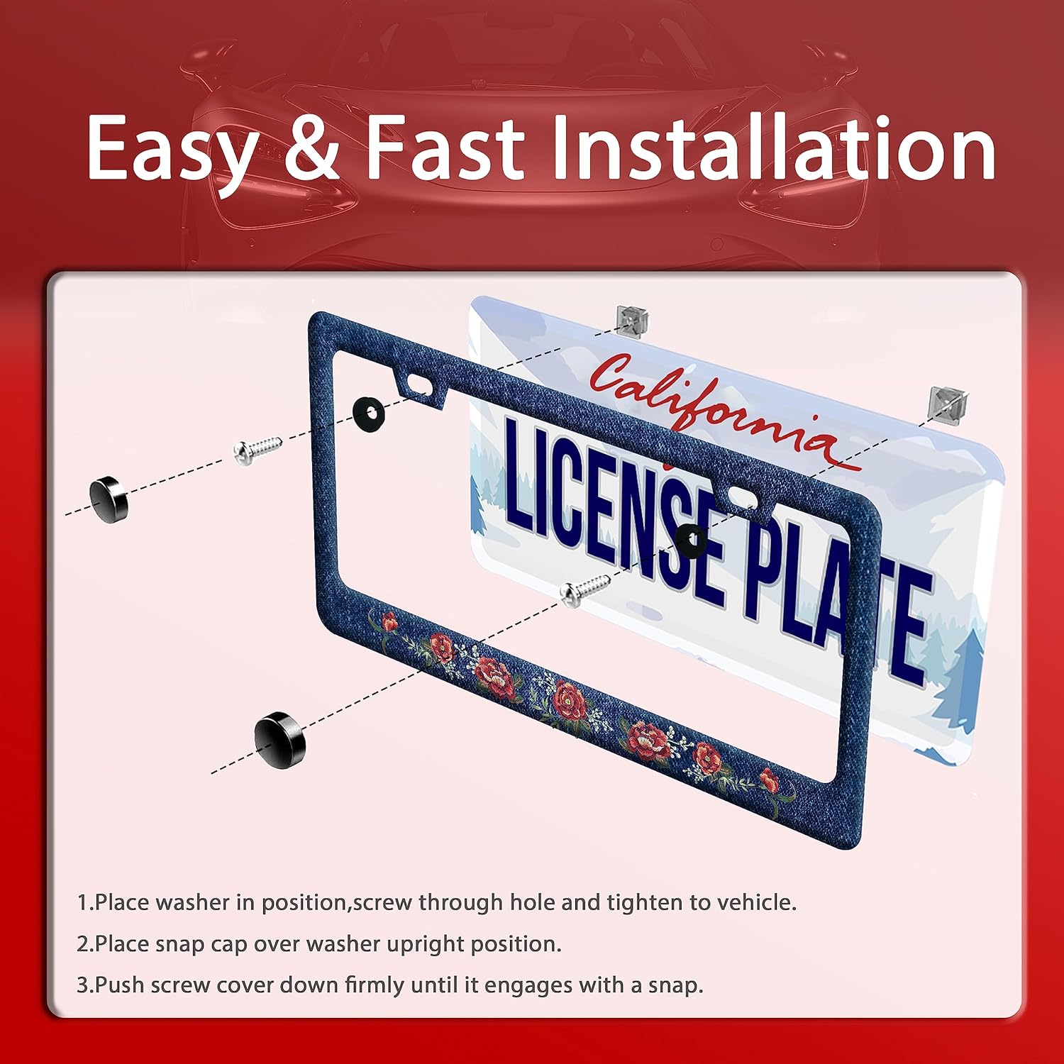 Flower Blue Jean Design License Plate Frame Personalized License Plate Stainless Steel Parts Funny License Plate Decorative with Screws Size 12.3" x 6.3" Men Women