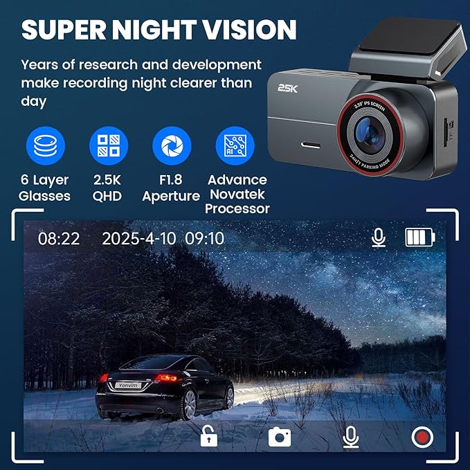 2.5K Dash Cam Front and Rear with 64GB Card, Car Camera WiFi & GPS, 3.39" IPS Screen, WDR Night Vision, Parking Monitor, G-Sensor Dash Camera
