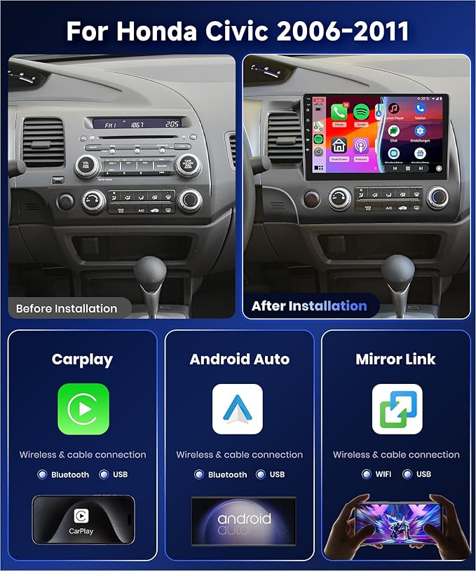 4G 64G Car Stereo for Honda Civic 2006-2011 Radio with 10.1inch 1280x720 IPS Touch Screen AI Radio DSP 36EQ Wireless Carplay Android Auto Bluetooth 5.0 GPS FM/RDS WiFi MirrorLink AHD Backup Camera