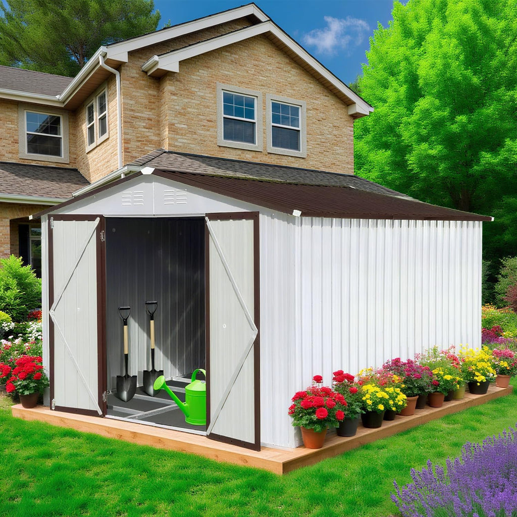 10 x 8 FT Outdoor Storage Metal Shed, Bike Garden Tool Shed with Slooping Roof, Lockable Doors and Aluminum Frames, Shed Easy to Assemble for Garden, Patio, Lawn, White