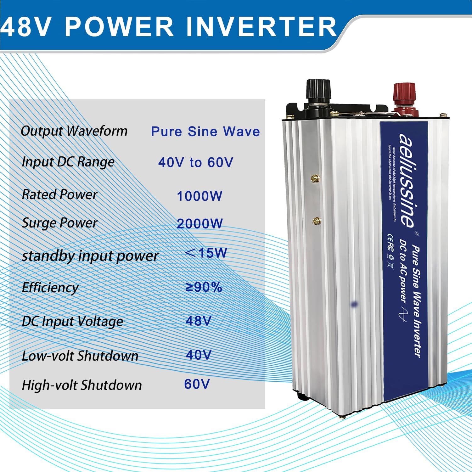 1000W Pure Sine Wave Inverter-48V DC to 110V 120V AC Power Converter with 2 AC Outlets, 48 Volt Power Inverter for Home, Emergency Power