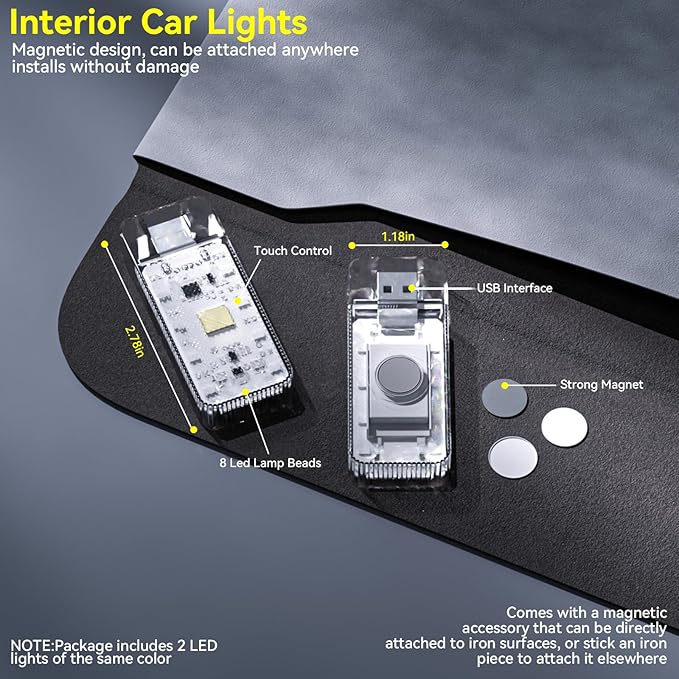 2 PCS Car USB Night Light, Portable Magnetic Car Atmosphere Interior Light, 8 High-Brightness LED Beads, Rechargeable Touch-Sensitive Light for Vehicles, Bedrooms, Hallways, Camping.(2 Amber)