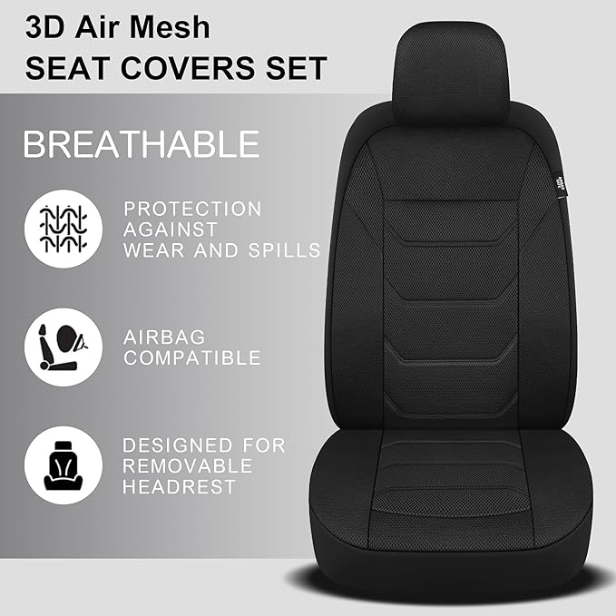 3D Air Mesh Car Seat Covers Front Sets Washable and Breathable Premium Cloth Automotive Vehicle Seat Covers for Cars Interior, Universal Fit for Most Cars, Sedan, Truck, SUV(Black)