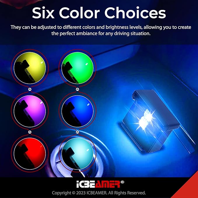 ICBEAMER Mini Smart USB Type-A 2-Pack (Blue) | LED Night Light for Car Interior, Trunk, Center Console, Easy Plug-in, Enhance Automotive Ambiance, Perfect for Night Use