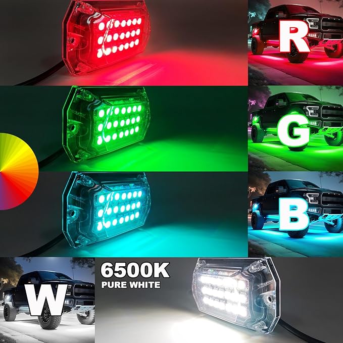 8 Pods Full Angle RGBW LED Rock Lights, 6500K Pure White RGB Rock Light for Jeeps Truck Golf Cart ATV UTV RZR Pickup Underbody, 12V Waterproof Multicolor Underglow Kit with APP/RF Control Sync Music