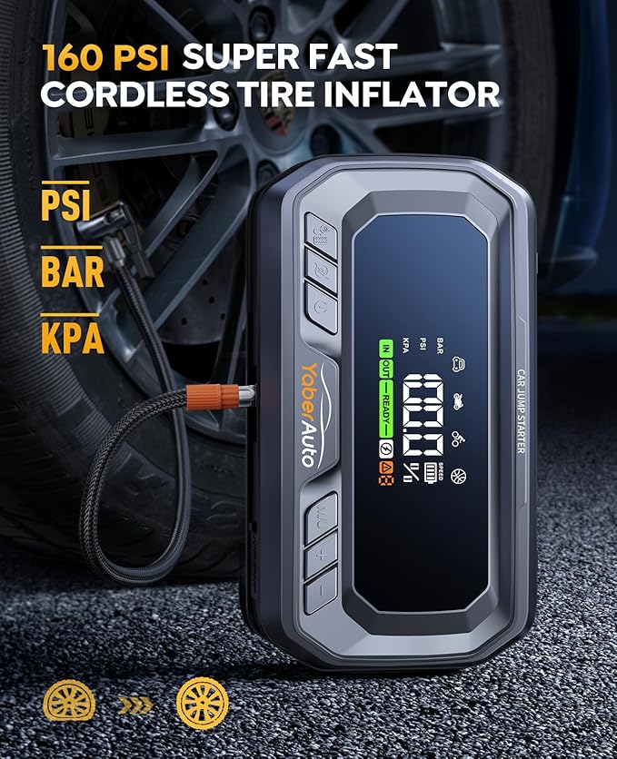 YaberAuto 12-in-1 Jump Starter with Air Compressor 8000A 160PSI 65W Charging, Portable Car Battery Jump Starter (All Gas/14L Diesel) Jump Box Car Battery Jumper Starter Portable Jumper Cables, 160W DC