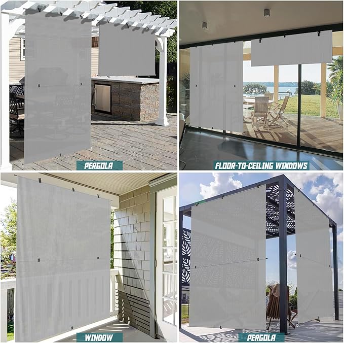 Bynbbur 7'W x 5'H Outdoor Patio Shades Foldable Roller Blinds, 220 GSM Sun Shade Roll Up Porch Screens Exterior Shade Cloth for Deck Pergola Backyard, Light Gray