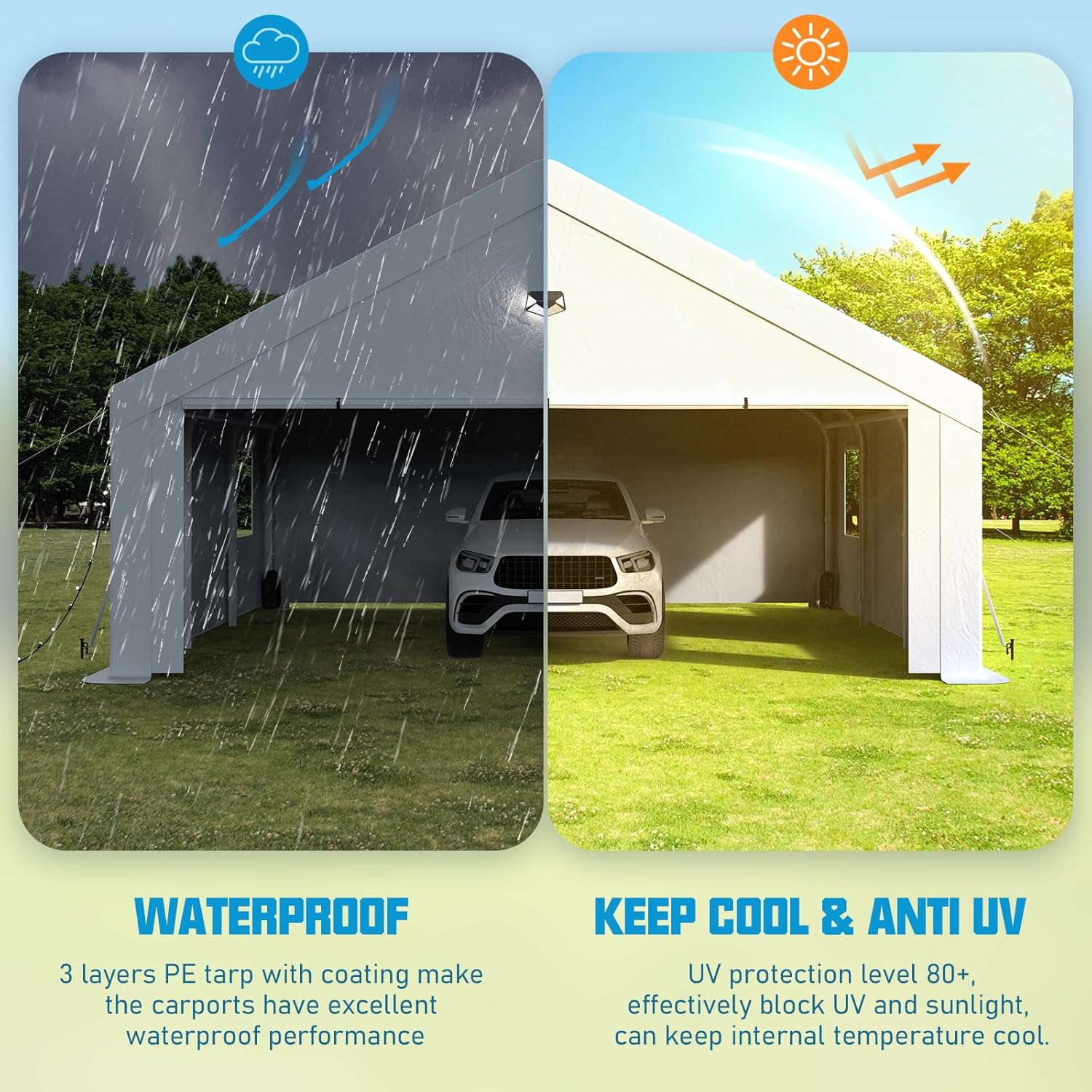 20x20 Carport Canopy, Heavy Duty Car Port, Portable Car Ports Garage with 2 Roll-Up Zipper Drive Through Doors, White