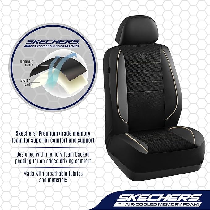 Skechers Air-Cooled Memory Foam Seat Cover, Mesh Thick Car Seat Covers,Piping Leather Car Seat Covers Front Seats, Airbag Compatible, Automotive Comfort for Most Cars, Vans, Trucks, SUV, Beige