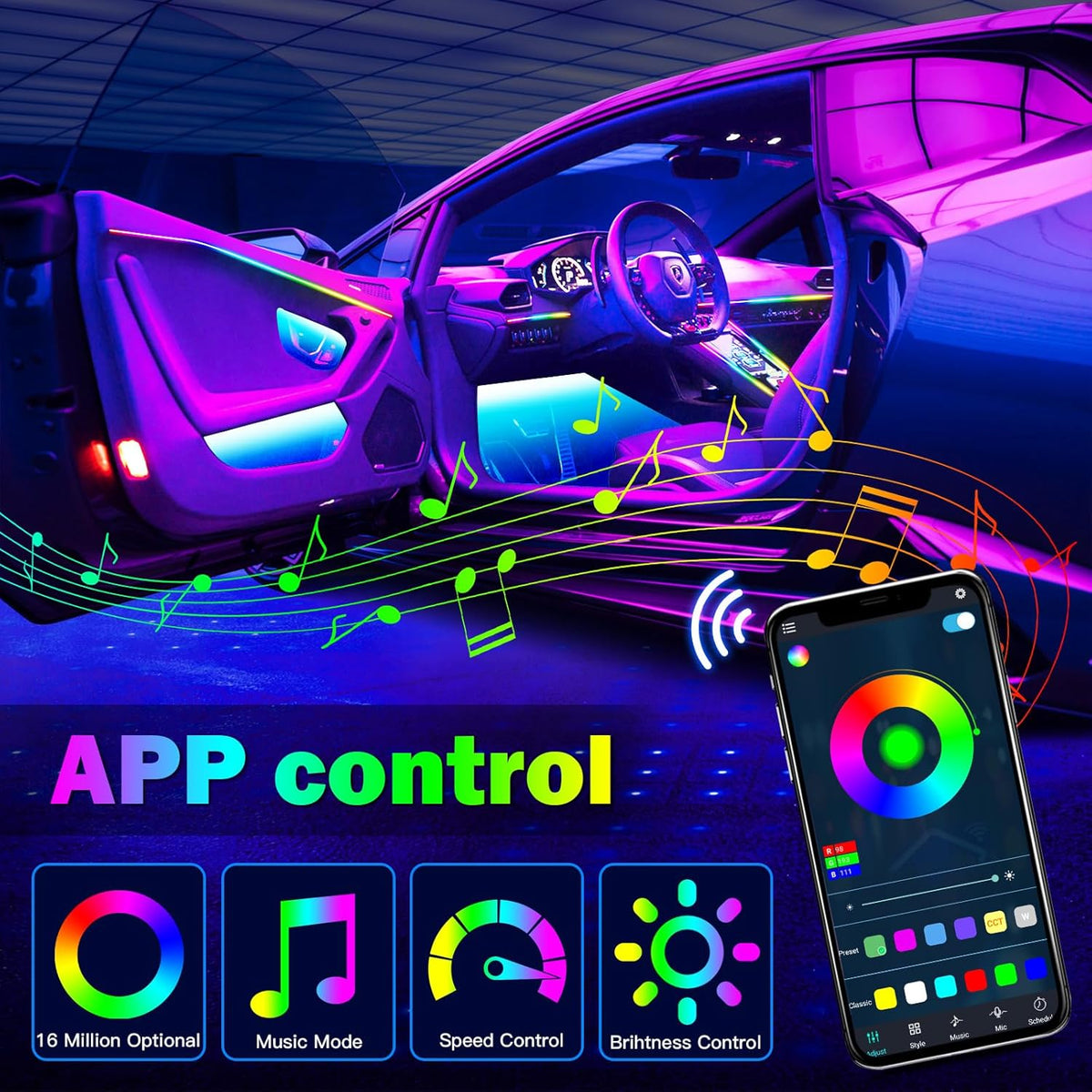 WEBUPAR Dreamcolor Interior Car Lights - 10 in 1 LED Strip Lights with APP Control and 213 Color Modes, Decorative Neon Ambient Lighting Kits