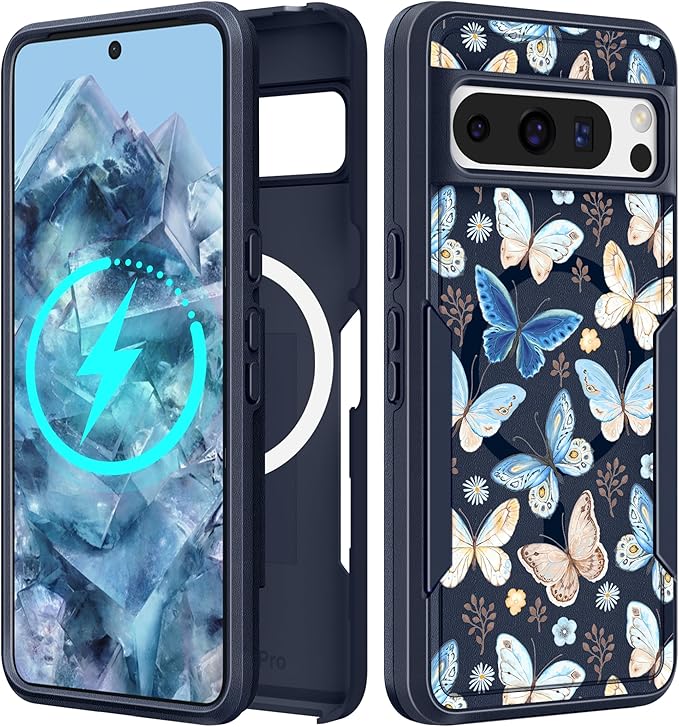 for Google Pixel 8 Pro Case - Compatible with MagSafe Women Girls Cute Magnetic Protective Cover Kawaii Girly Blue Butterfly Heavy Duty Shockproof Design for Google Pixel 8 Pro Phone Cases