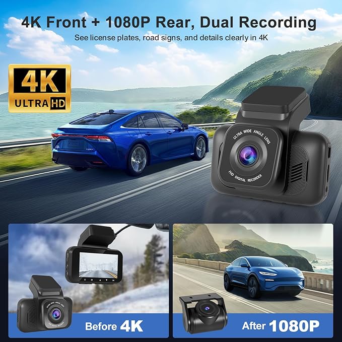 Dash Cam Front and Rear, 4K Dash Camera for Cars, Dual Dashcam with Hardwire Kit, 3" Screen Car Camera, 64GB Card Included, Night Vision, 24 Hours Parking Monitor, G-Sensor, Support 256 GB Max