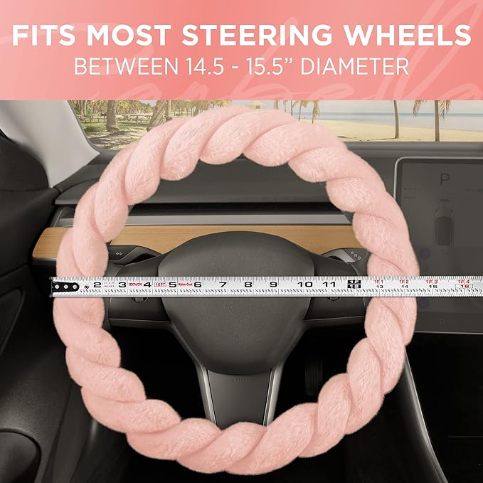 Carbella Twisted Fur Soft Pink Steering Wheel Cover, Standard 15 Inch Size Fits Most Vehicles, Fuzzy Fluffy Car Steering Cover with Soft Faux Fur Touch, Car Accessories for Women
