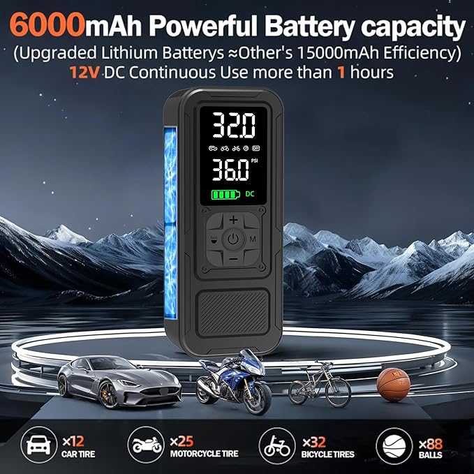 Y34 Tire Inflator Portable Air Compressor,4X Faster Inflation,6000mAh Cordless/12V DC 150PSI Air Pump with Digital Pressure Gauge for Car,Motorcycle,Bike,Ball Gifts for Men