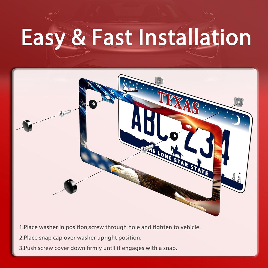 American Flag Eagle License Plate Frame Patriotic Flag License Plate Holder Funny Stainless Steel Accessories Cars Decor with 2 Holes and Screws Fits Standard Us Ca Vehicles License Plate 12.2 X 6 in