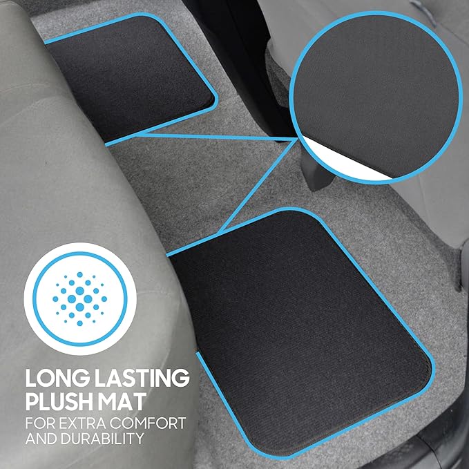 Premium 4 Piece Set of Carpet Car Floor Mats with Vinyl Safety Heel Pad for Car, Truck, SUV, Coupe Sedan, Black (MT-100-BK) Pack of 1