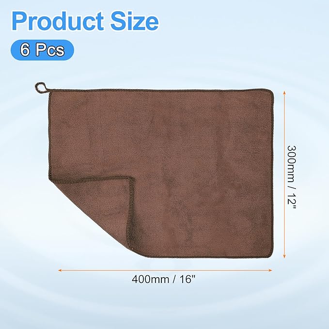 HARFINGTON 6 Pack Microfiber Cleaning Cloth, 16" x 12" Multi-Functional Cleaning Towels Reusable Absorbent Rags with Hook for Car Wash Kitchen Household Window Clean, Brown