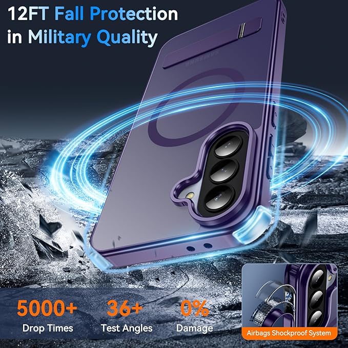 OWKEY for Samsung Galaxy A37 5G Case with Stand, Magnetic Shockproof Case Fit for Magsafe Translucent Matte Cover for Samsung A37, Purple