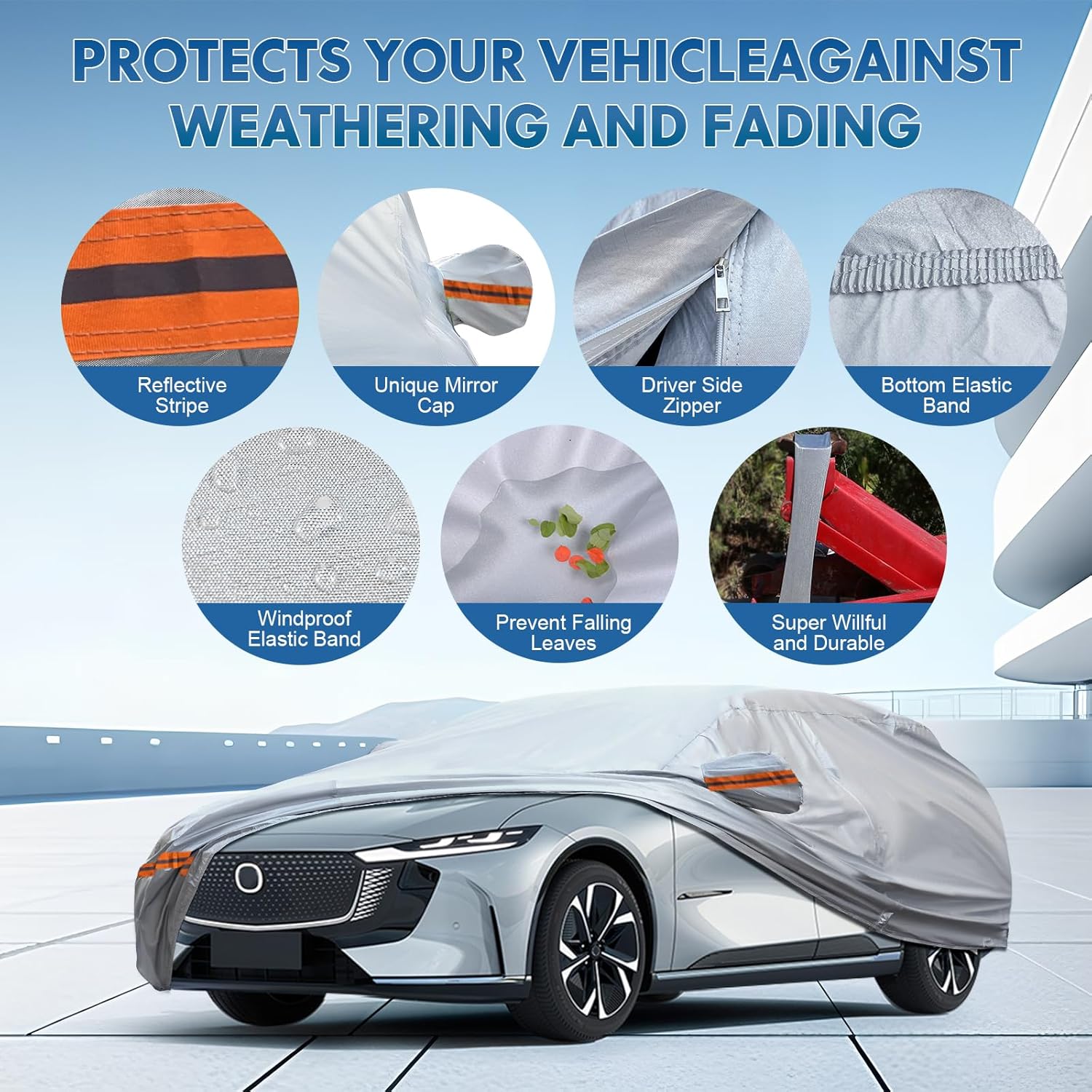 KEYOOG 6-Layer Full Car Cover is All-Weather Waterproof, Fit for 205"-216" Length Sedan, Universal in All Seasons, Snow Prevention, Rainproof, Acid Rainproof, Sunscreen, Orange Reflective Strip
