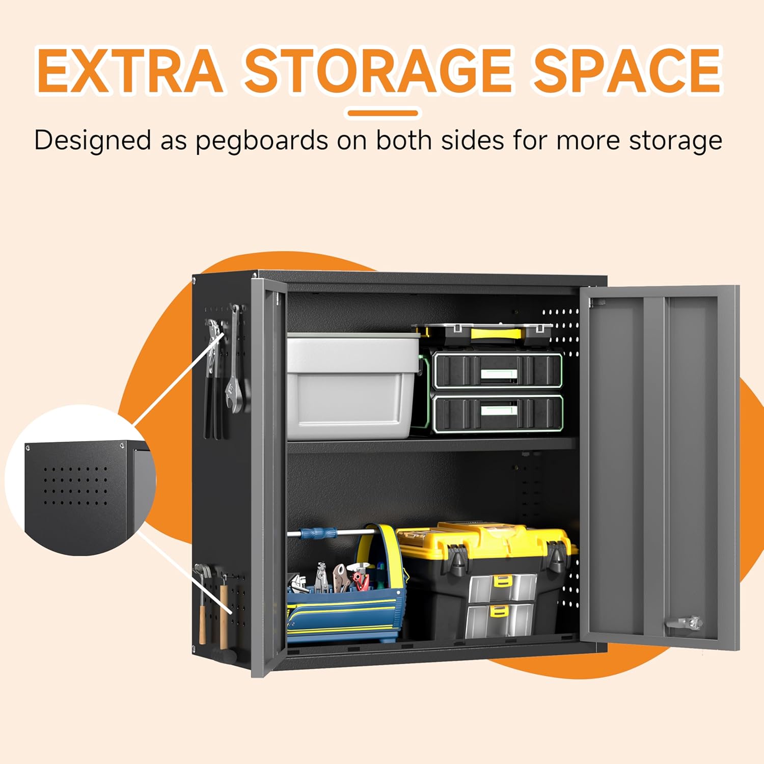 Metal Garage Wall Cabinet with 2 Doors and 1 Adjustable Shelf,Lockable Floating Tool Cabinet with Pegboard,Steel Storage Cabinet for Kitchen,Office,Garage,Laundry,Warehouse(Black&Gray, 26"H)