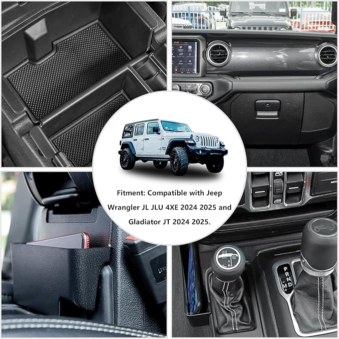 4PCS Center Console Organizer Storage Box for 2024 2025 Jeep Wrangler JL JLU 4XE and Gladiator JT, Gear Shift Console Tray Organizer, Hanging Armrest Storage Box, Co-Pilot Organizer