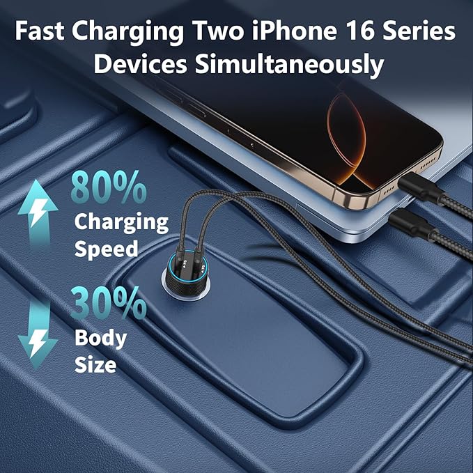 【MFi Certified】iPhone Car Charger Fast Charging, Linocell 60W Dual USB C Car Power Cigarette Lighter Car Carplay Charger with 2Pack Type C to Lightning Braided Cable for iPhone 14 13 12 11 Pro XS iPad