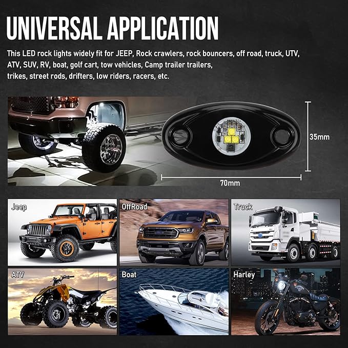 OPP ULITE White LED Rock Lights Kit, 12 Pods Underglow for Jeep Offroad Truck Car ATV SUV Boat Motorcycle Vehicle Under Body Glow Lamp Trail Fender Lighting (12pods Rock W)