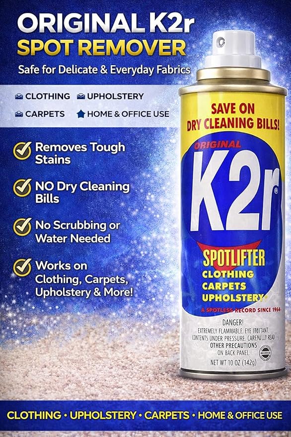 K2R SpotLifter Spot Remover Spray – Quick-Drying Stain Remover for Clothing, Carpets, Upholstery & Wallpaper – Built-In Brush Cap for No-Mess Touch-Ups – 10oz (1, 1)