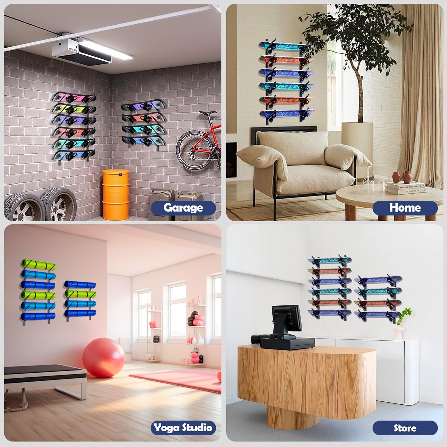 Skateboard Rack Wall Mount – Skateboard Wall Hanger, Snowboard Display Wall Mount, Ski Holder | 6-Floor Skateboard & Ski & Snowboard Storage Rack | Snowboard & Ski Lover Gifts