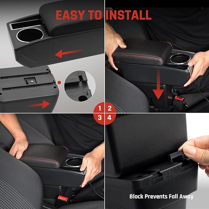 Car Armrest Box for Nissan Almera Versa 2012-2019 Auto Accessories Center Console Leather Arm Rest Double-Layer Storage Space with Cup Holder (Red Thread)