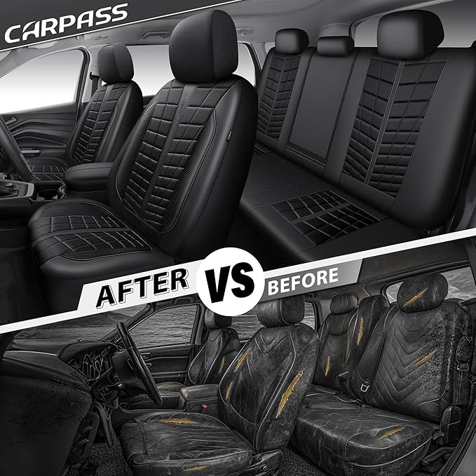 CAR PASS 3D Foam Mesh Leather Car Seat Covers Full Set, Breathable Premium Leather Seat Covers for Car, Anti Slip Universal Fit for Trucks Cars Sedans Vans SUVs, Airbag Compatible, All Black