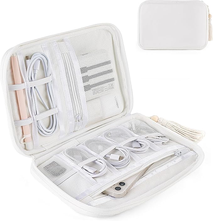 Mkono Electronics Organizer Travel Cable Cord Organizer Cotton Bag, Portable All-in-One Accessories Travel Essentials Storage Case with Tassel for Cable Charger Phone USB Pouch for Women, White