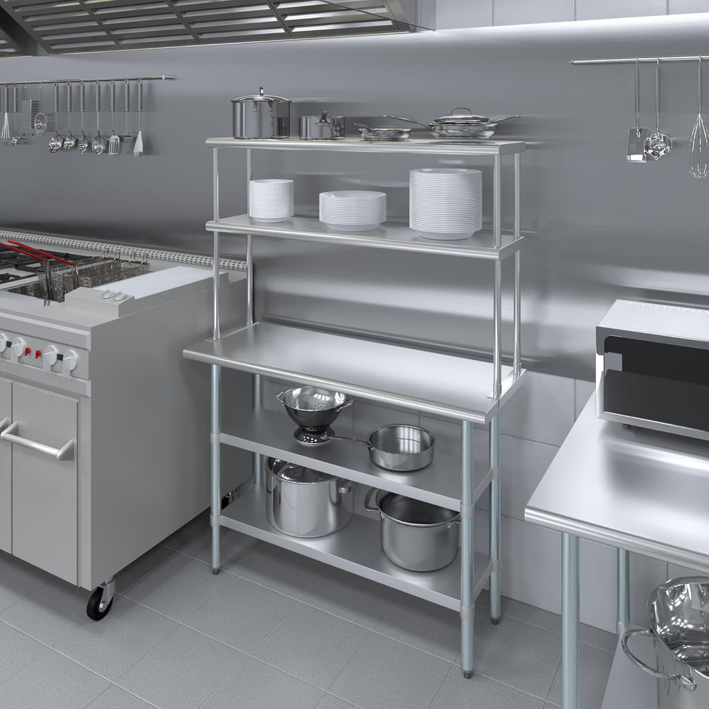 Amgood Stainless Steel Work Table with 2 Shelves | Metal Kitchen Prep Table & Shelving Combo (18" x 48" Table with 2 Shelves + 12" Overshelf)