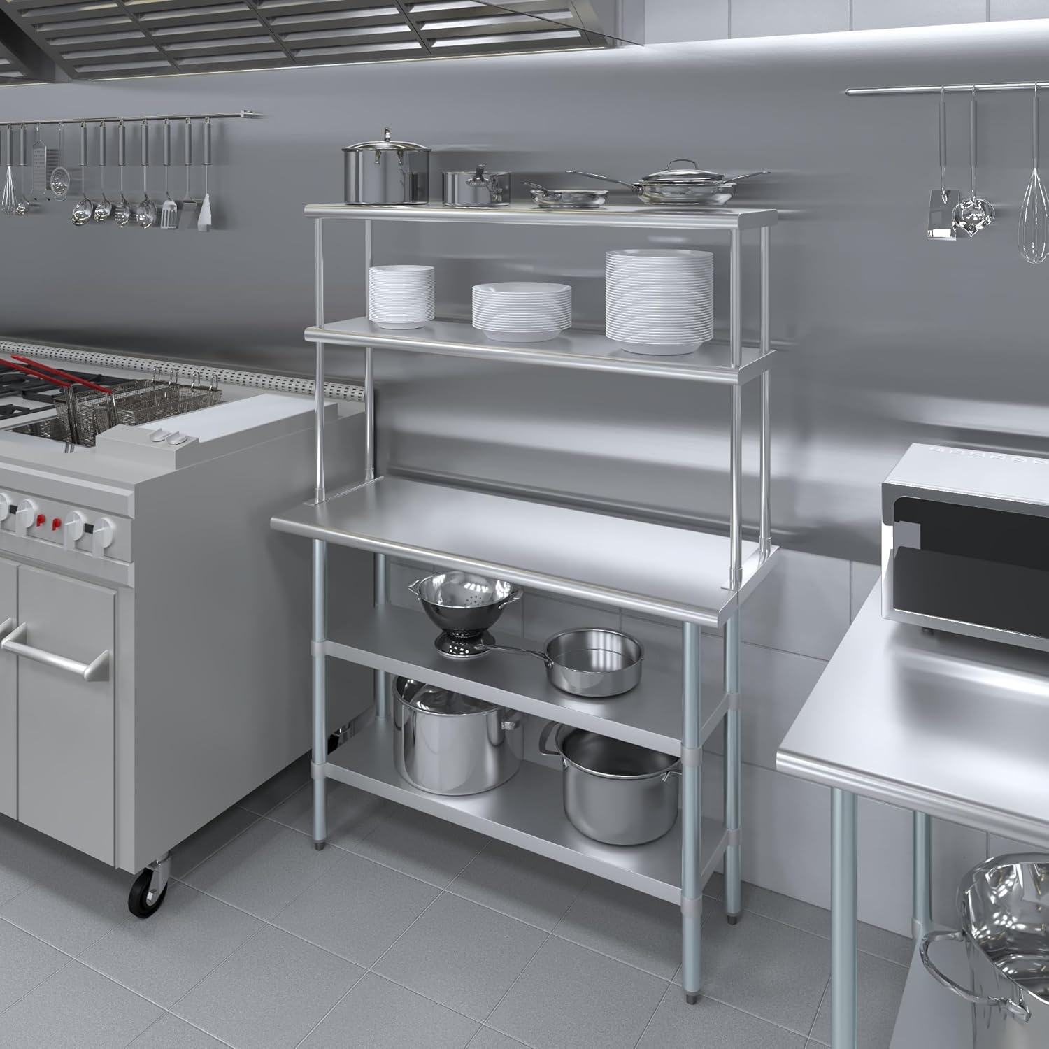 Amgood Stainless Steel Work Table with 2 Shelves | Metal Kitchen Prep Table & Shelving Combo (18" x 48" Table with 2 Shelves + 12" Overshelf)