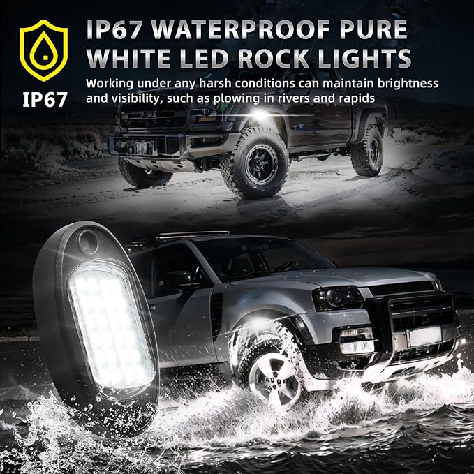 12 Pods Pure White LED Rock Lights with Extension Wires, 6500K Super Bright White Underglow Kit for Truck Trailer Offroad Pickup SXS UTV, IP67 Waterproof Under Trailer Lighting