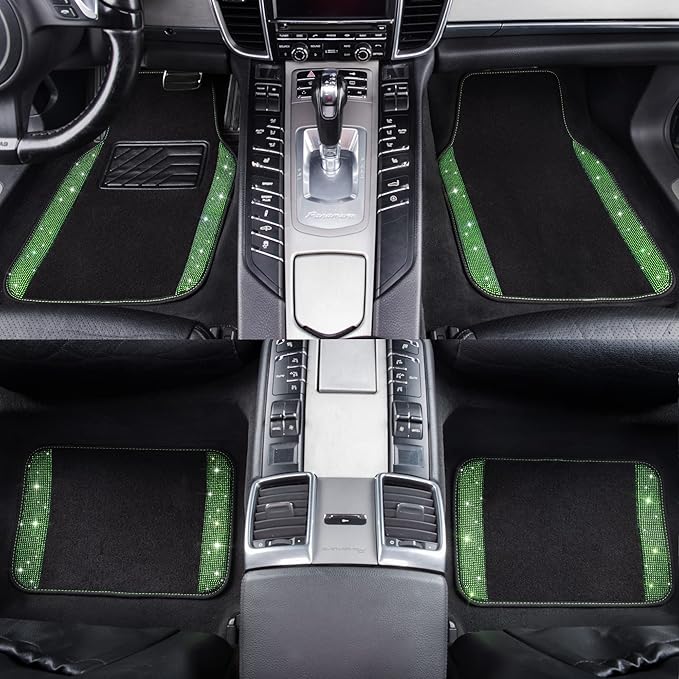 CAR PASS Shining Rhinestones Carpet, Bling Crystal Diamond Sparkly Glitter Car Floor Mats with Anti-Slip PVC Heel Pad Automotive Universal for SUV,Sedan,Car,Van,4pcs for Girl Women Green Diamond