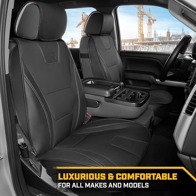 Cat® Edge Deluxe Faux Leather Car Seat Covers – Full Set (2 Front + 1 Rear Bench) – Semi-Custom Universal Fit, Two-Tone Black – Rugged Automotive Interior Covers for Cars, Trucks & SUVs