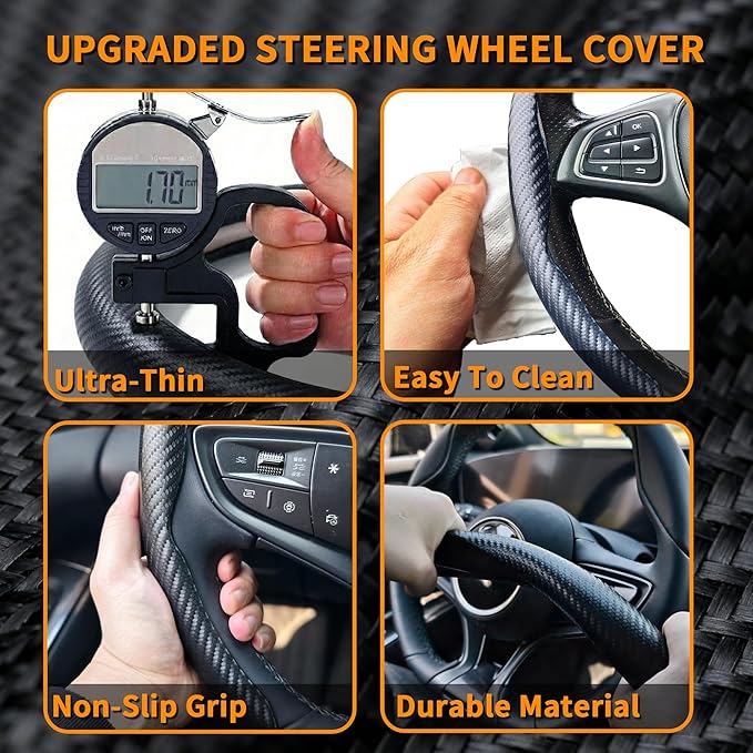 Carbon Fiber Steering Wheel Cover, Universal 15 Inch Snap On Car Steering Wheel Cover for Men/Women, Comfortable & Breathable Microfiber Car Accessories Interior (Black)