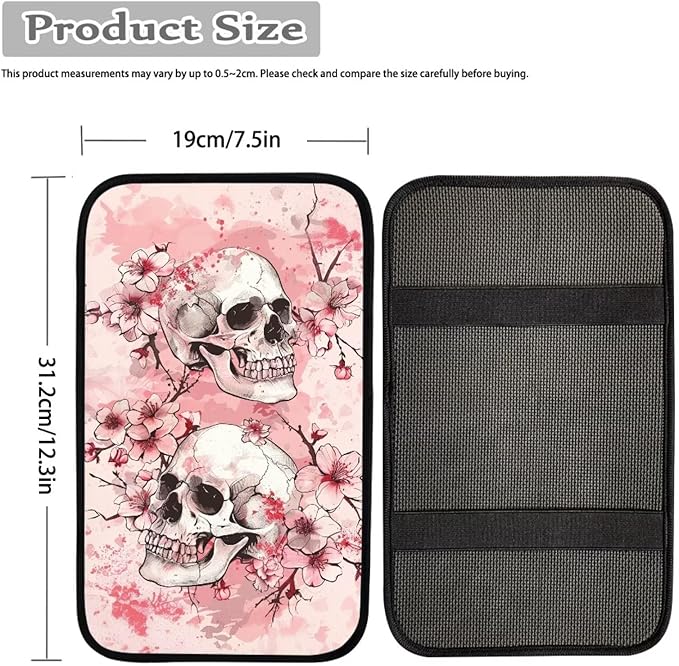 JoyLamoria Pink Floral Skeleton Car Center Console Armrest Cover Non Slip Auto Arm Rest Cushion Pads Womens Armrest Protector Washable
