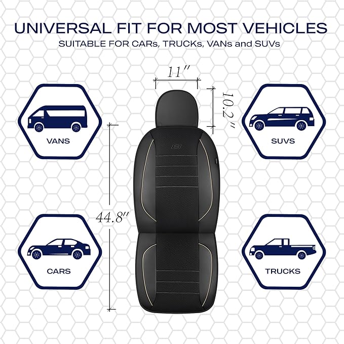 Skechers Air-Cooled Memory Foam Seat Cover, Mesh Thick Car Seat Covers,Piping Leather Car Seat Covers Front Seats, Airbag Compatible, Automotive Comfort for Most Cars, Vans, Trucks, SUV, Beige