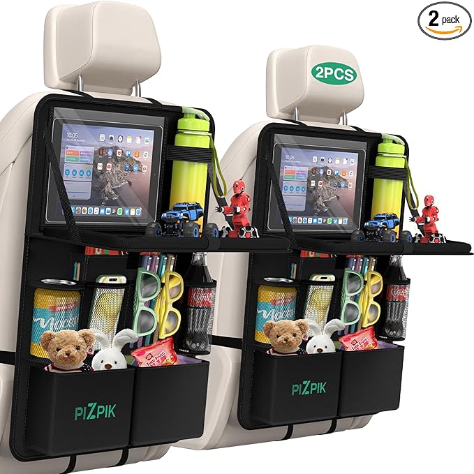 Plzpik Car Backseat Organizer with Tablet Holder,11 Storage Pockets with Foldable Food Tray, Protector Kick Mats for Kids, Travel Accessories Organizer (Black, 2Pack with Food Tray)